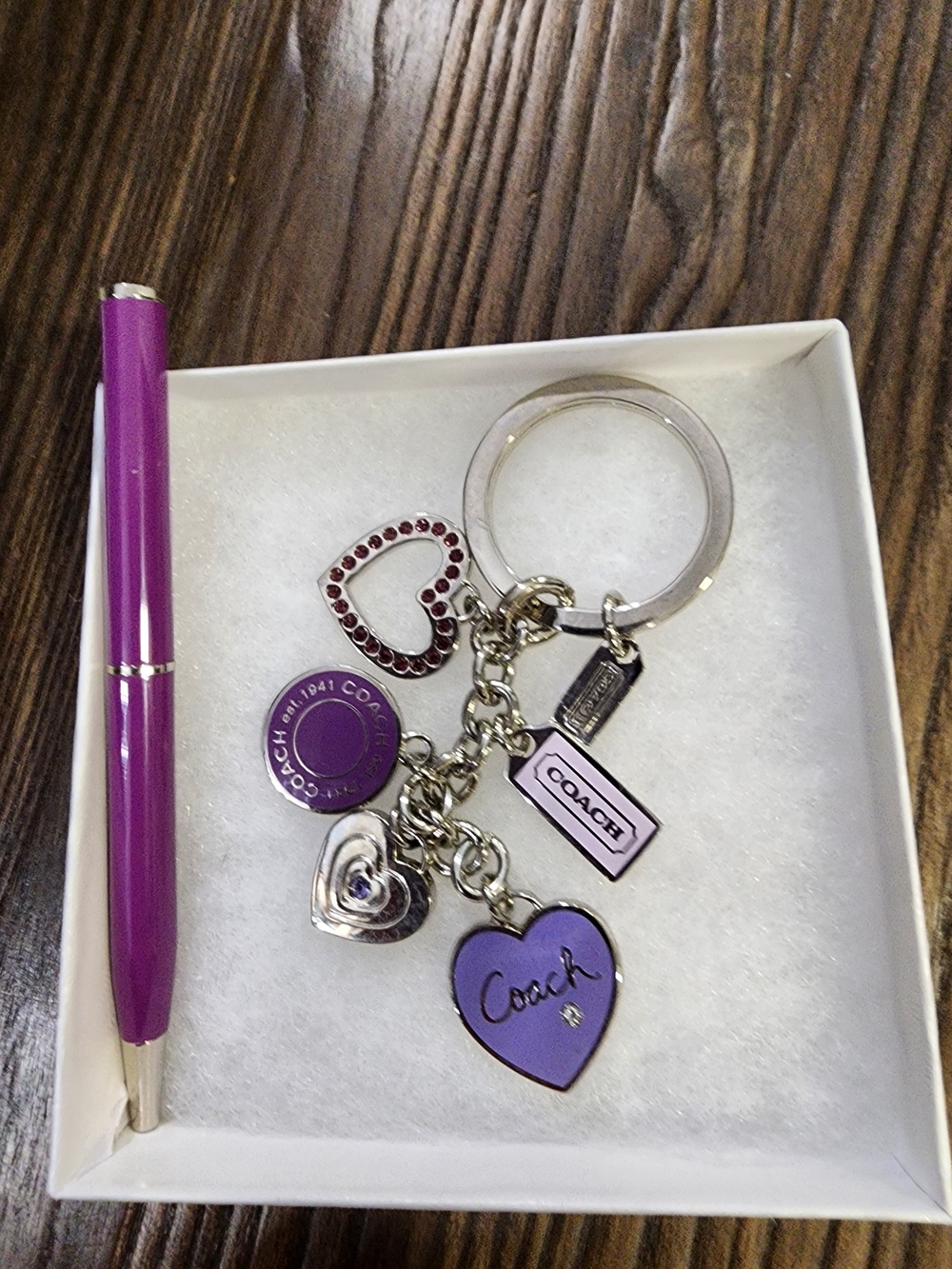Coach Lavender and Silver Heart Charm Keychain With Matching Coach Pen.
